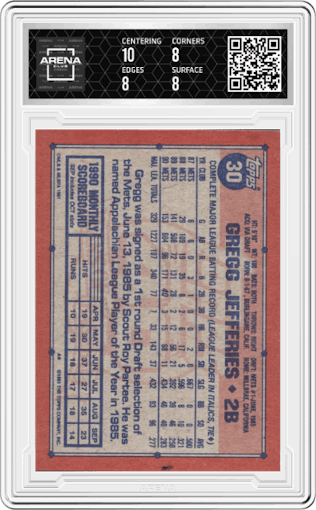 Gregg Jefferies from the 1991 Topps set graded by Arena Club and given an overall grade of 8.5.