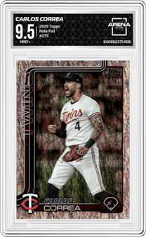Carlos Correa from the 2025 Topps set featuring a Holo Foil parallel graded by Arena Club and given an overall grade of 9.5.