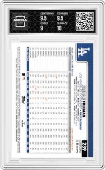 Freddie Freeman from the 2025 Topps set graded by Arena Club and given an overall grade of 9.5.