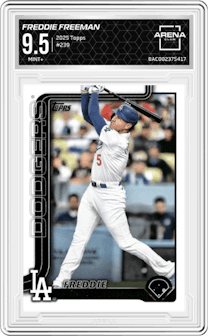 Freddie Freeman from the 2025 Topps set graded by Arena Club and given an overall grade of 9.5.