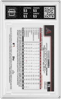 Corbin Carroll	 from the 2025 Topps set graded by Arena Club and given an overall grade of 9.5.