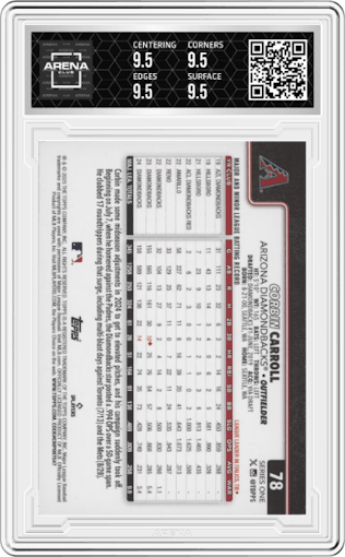 Corbin Carroll	 from the 2025 Topps set graded by Arena Club and given an overall grade of 9.5.