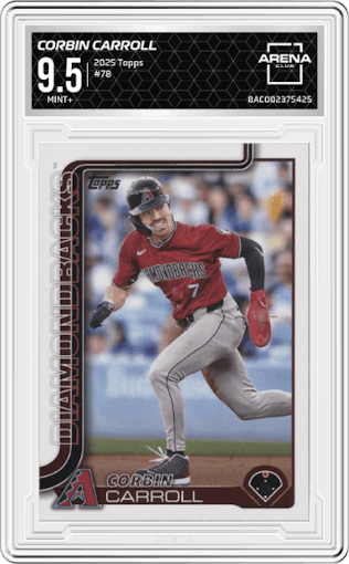 Corbin Carroll	 from the 2025 Topps set graded by Arena Club and given an overall grade of 9.5.