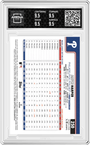 Bryce Harper from the 2025 Topps set graded by Arena Club and given an overall grade of 9.5.