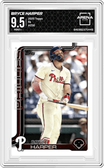 Bryce Harper from the 2025 Topps set graded by Arena Club and given an overall grade of 9.5.