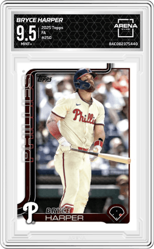 Bryce Harper from the 2025 Topps set graded by Arena Club and given an overall grade of 9.5.