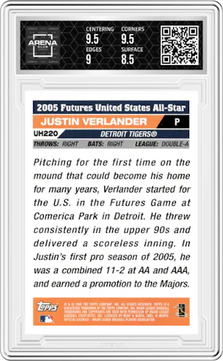 Justin Verlander from the 2005 Topps Updates and Highlights set graded by Arena Club and given an overall grade of 9.