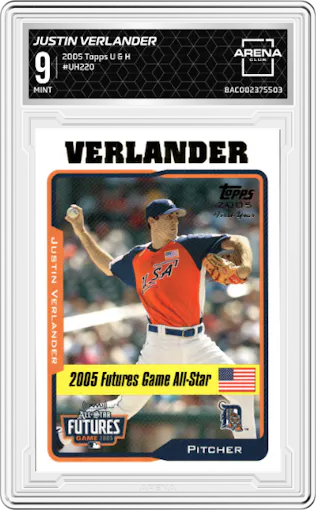Justin Verlander from the 2005 Topps Updates and Highlights set graded by Arena Club and given an overall grade of 9.