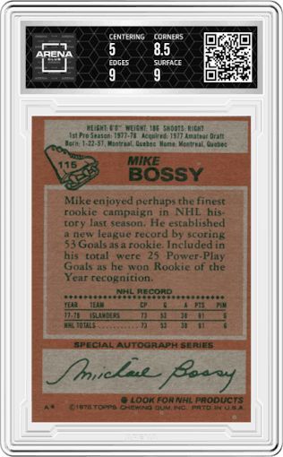 Mike Bossy from the 1978-79 Topps set graded by Arena Club and given an overall grade of 5.5.
