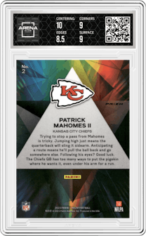 Patrick Mahomes II from the 2023 Panini Prizm set featuring a Green Prizm parallel graded by Arena Club and given an overall grade of 9.