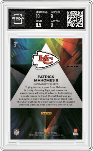 Patrick Mahomes II from the 2023 Panini Prizm set featuring a Green Prizm parallel graded by Arena Club and given an overall grade of 9.