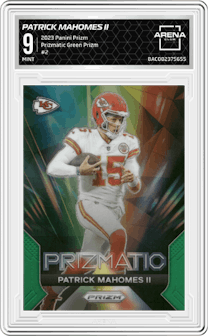Patrick Mahomes II from the 2023 Panini Prizm set featuring a Green Prizm parallel graded by Arena Club and given an overall grade of 9.