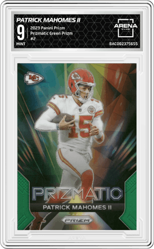 Patrick Mahomes II from the 2023 Panini Prizm set featuring a Green Prizm parallel graded by Arena Club and given an overall grade of 9.