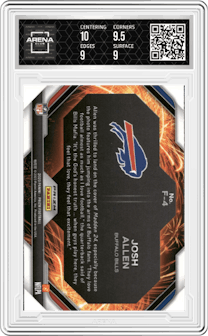 Josh Allen from the 2023 Panini Prizm set featuring a Green Prizm parallel graded by Arena Club and given an overall grade of 9.5.