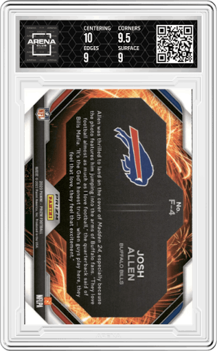 Josh Allen from the 2023 Panini Prizm set featuring a Green Prizm parallel graded by Arena Club and given an overall grade of 9.5.