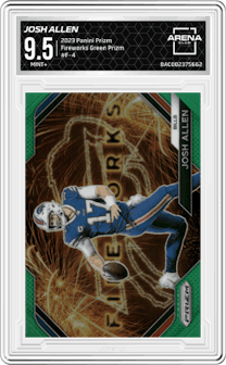 Josh Allen from the 2023 Panini Prizm set featuring a Green Prizm parallel graded by Arena Club and given an overall grade of 9.5.