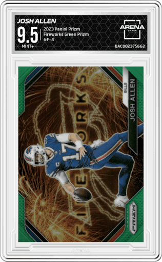Josh Allen from the 2023 Panini Prizm set featuring a Green Prizm parallel graded by Arena Club and given an overall grade of 9.5.