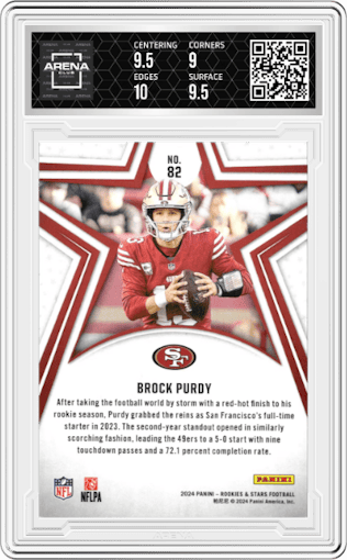 Brock Purdy from the 2024 Panini Rookies & Stars set graded by Arena Club and given an overall grade of 9.5.