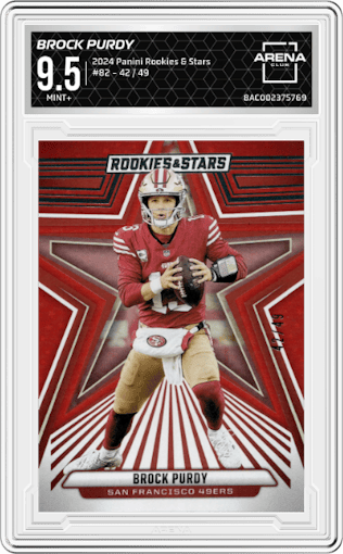 Brock Purdy from the 2024 Panini Rookies & Stars set graded by Arena Club and given an overall grade of 9.5.