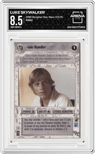 Luke Skywalker from the 1995 Decipher Star Wars CCG Premiere Limited set graded by Arena Club and given an overall grade of 8.5.