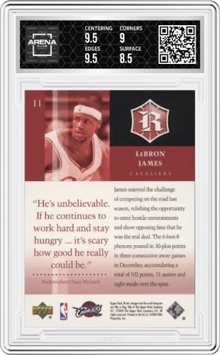 LeBron James from the 2004-05 Upper Deck Rivals Box Set set graded by Arena Club and given an overall grade of 9.