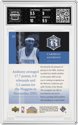 Carmelo Anthony from the 2004-05 Upper Deck Rivals Box Set set graded by Arena Club and given an overall grade of 9.5.