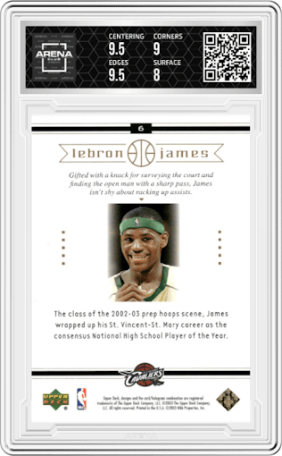 Lebron James from the 2003-04 Upper Deck LeBron James  set graded by Arena Club and given an overall grade of 8.5.