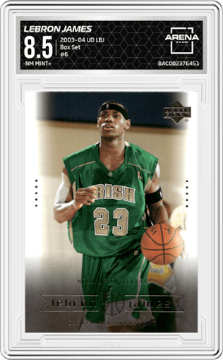 Lebron James from the 2003-04 Upper Deck LeBron James  set graded by Arena Club and given an overall grade of 8.5.