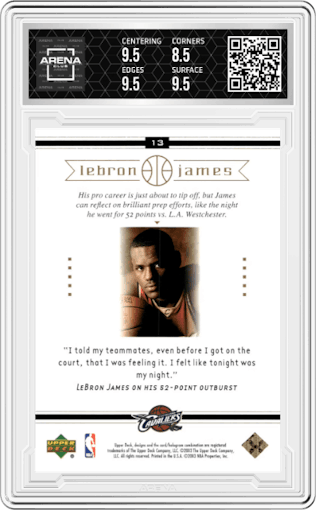 Lebron James from the 2003-04 Upper Deck LeBron James  set graded by Arena Club and given an overall grade of 9.