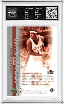 LeBron James from the 2003-04 Upper Deck LeBron James  set graded by Arena Club and given an overall grade of 9.