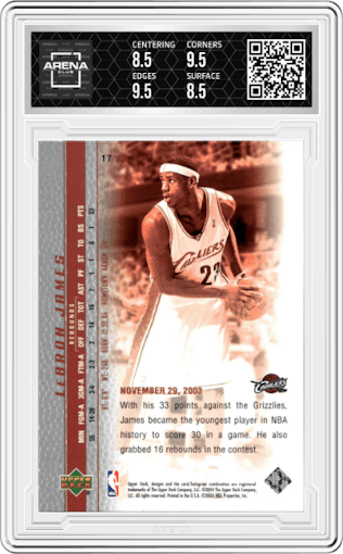 LeBron James from the 2003-04 Upper Deck LeBron James  set graded by Arena Club and given an overall grade of 9.
