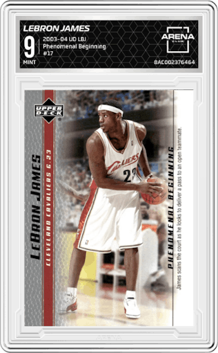 LeBron James from the 2003-04 Upper Deck LeBron James  set graded by Arena Club and given an overall grade of 9.