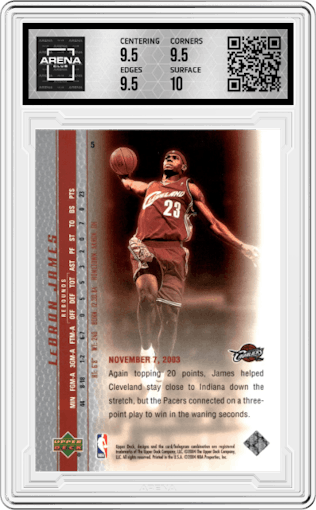 LeBron James from the 2003-04 Upper Deck LeBron James  set graded by Arena Club and given an overall grade of 10.