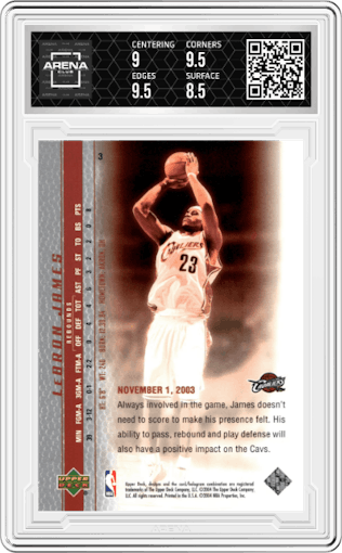 LeBron James from the 2003-04 Upper Deck LeBron James  set graded by Arena Club and given an overall grade of 9.
