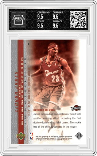 LeBron James from the 2003-04 Upper Deck LeBron James  set graded by Arena Club and given an overall grade of 9.5.