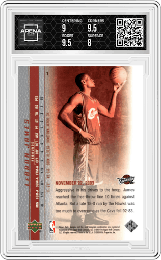 LeBron James from the 2003-04 Upper Deck LeBron James  set graded by Arena Club and given an overall grade of 8.5.