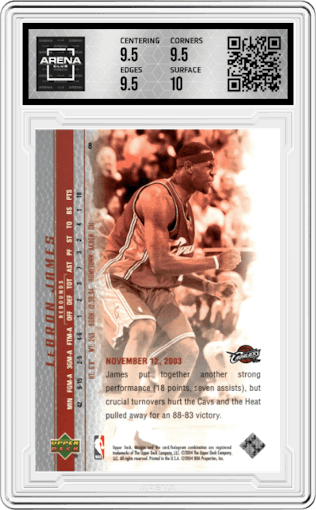 LeBron James from the 2003-04 Upper Deck LeBron James  set graded by Arena Club and given an overall grade of 10.