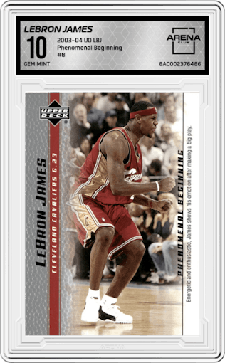 LeBron James from the 2003-04 Upper Deck LeBron James  set graded by Arena Club and given an overall grade of 10.