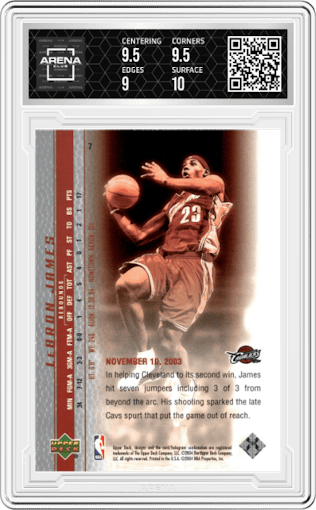 LeBron James from the 2003-04 Upper Deck LeBron James  set graded by Arena Club and given an overall grade of 9.5.
