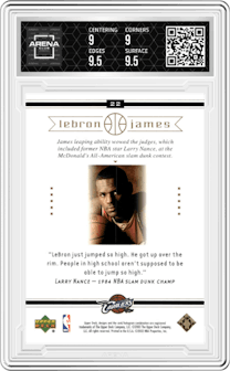 LeBron James from the 2003-04 Upper Deck LeBron James  set graded by Arena Club and given an overall grade of 9.5.