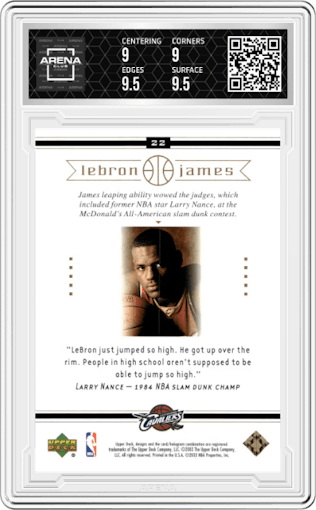 LeBron James from the 2003-04 Upper Deck LeBron James  set graded by Arena Club and given an overall grade of 9.5.