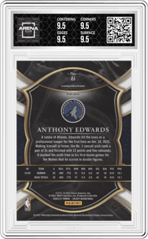 Anthony Edwards from the 2020-21 Panini Select  set featuring a Red/White/Green Cracked Ice parallel graded by Arena Club and given an overall grade of 9.5.