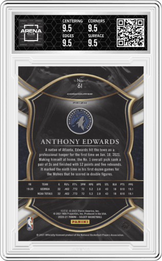 Anthony Edwards from the 2020-21 Panini Select  set featuring a Red/White/Green Cracked Ice parallel graded by Arena Club and given an overall grade of 9.5.