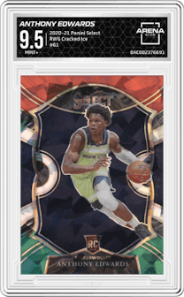 Anthony Edwards from the 2020-21 Panini Select  set featuring a Red/White/Green Cracked Ice parallel graded by Arena Club and given an overall grade of 9.5.