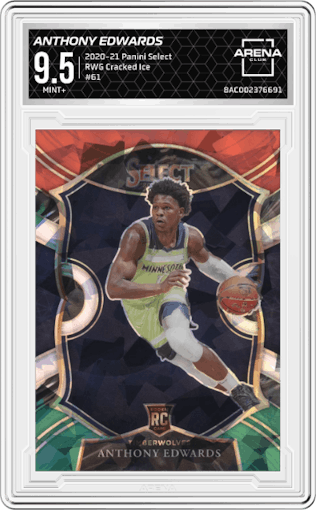 Anthony Edwards from the 2020-21 Panini Select  set featuring a Red/White/Green Cracked Ice parallel graded by Arena Club and given an overall grade of 9.5.