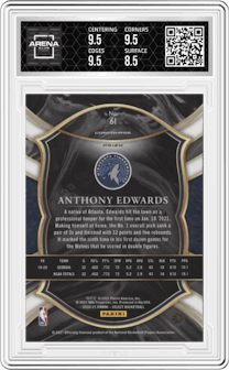 Anthony Edwards from the 2020-21 Panini Select  set featuring a Green/White/Purple Prizm  parallel graded by Arena Club and given an overall grade of 9.