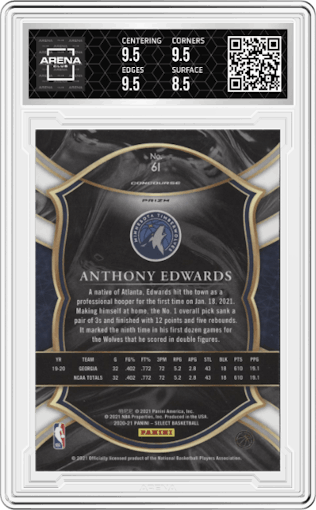 Anthony Edwards from the 2020-21 Panini Select  set featuring a Green/White/Purple Prizm  parallel graded by Arena Club and given an overall grade of 9.