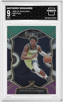 Anthony Edwards from the 2020-21 Panini Select  set featuring a Green/White/Purple Prizm  parallel graded by Arena Club and given an overall grade of 9.