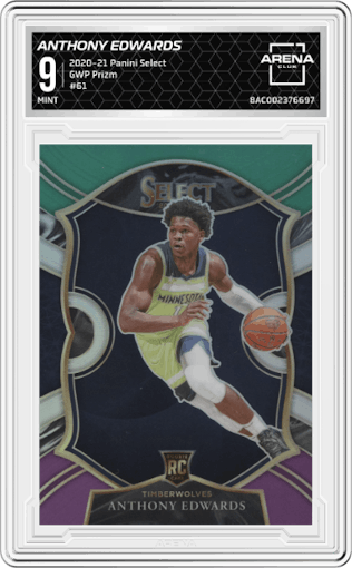 Anthony Edwards from the 2020-21 Panini Select  set featuring a Green/White/Purple Prizm  parallel graded by Arena Club and given an overall grade of 9.
