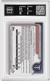 Walker Jenkins from the 2024 Bowman set featuring a Lunar Glow Refractor parallel graded by Arena Club and given an overall grade of 8.5.